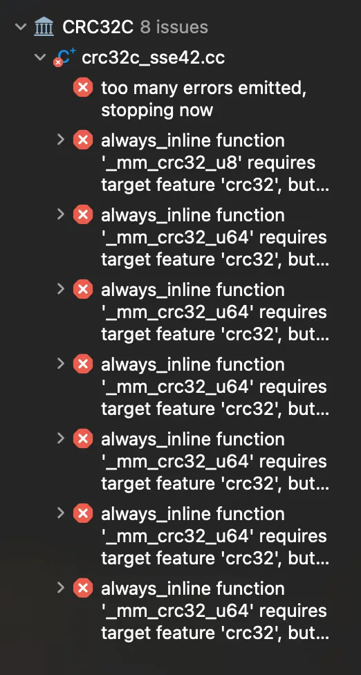 A large amount of build errors in `crc32c_sse42.cc`