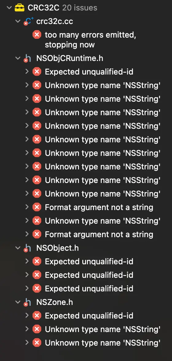 A large amount of build errors in files like ObjCRuntime.h with messages like "Expected unqualified-id" and "Unknown type name 'NSString'"