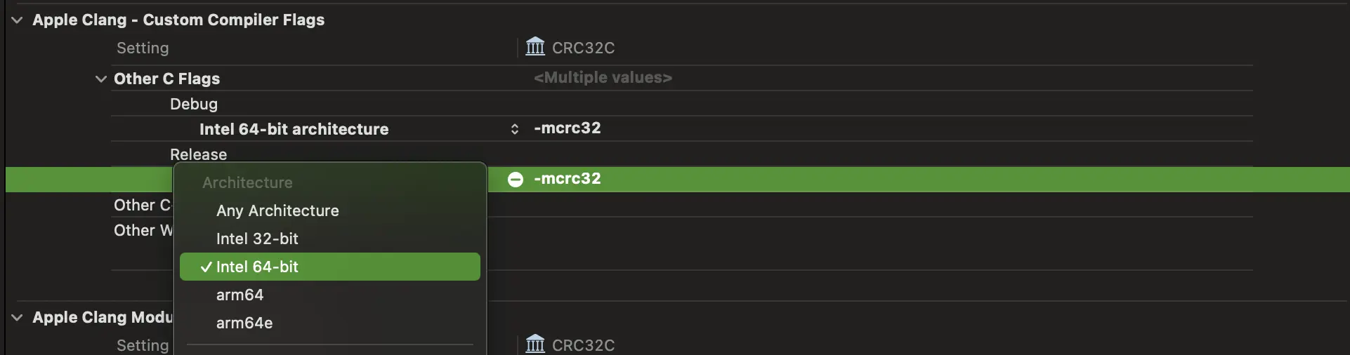 Other C Flags with the `-mcrc32` option added for the Intel 64-bit architecture
